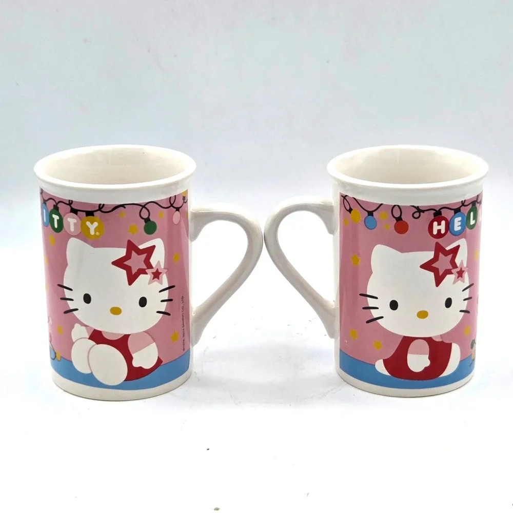 Hello Kitty Sanrio Christmas Holiday Lights PINK Ceramic Mugs Set of (2) Cute!